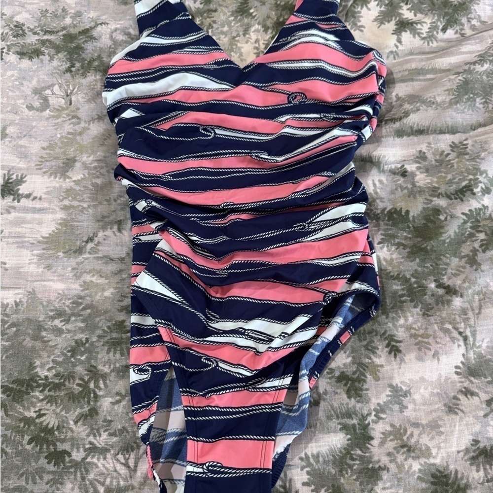 Talbots Pink and Blue One Piece Swimsuit with Ruching - Picture 4 of 7